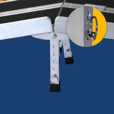 Close-up of telescopic support leg and locking knob, highlighting secure levelling mechanism.

