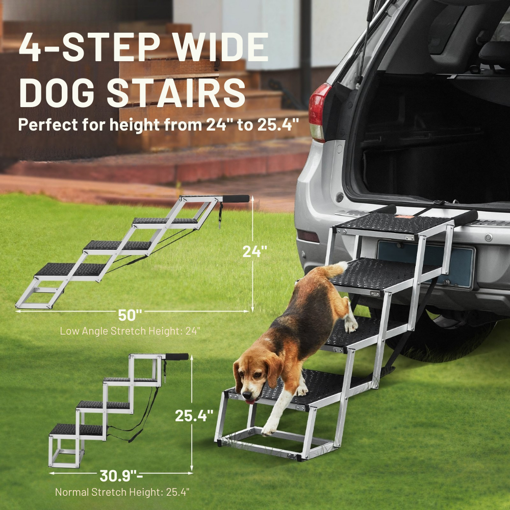 Dog using 4-step wide dog stairs to get into a car on a grassy area.