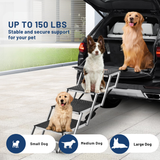 Pet steps leading into a car with three dogs using them, suitable for small, medium, and large pets.
