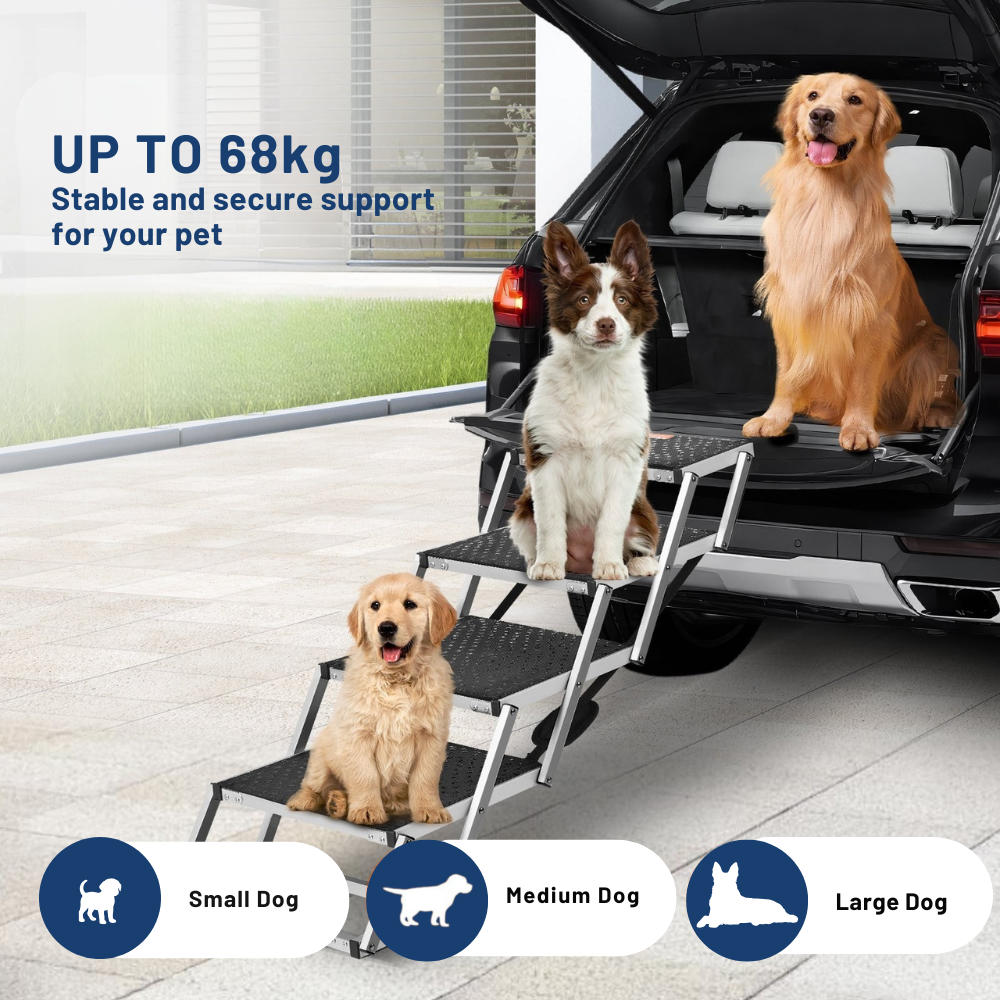 Pet steps leading into a car with three dogs using them, suitable for small, medium, and large pets.