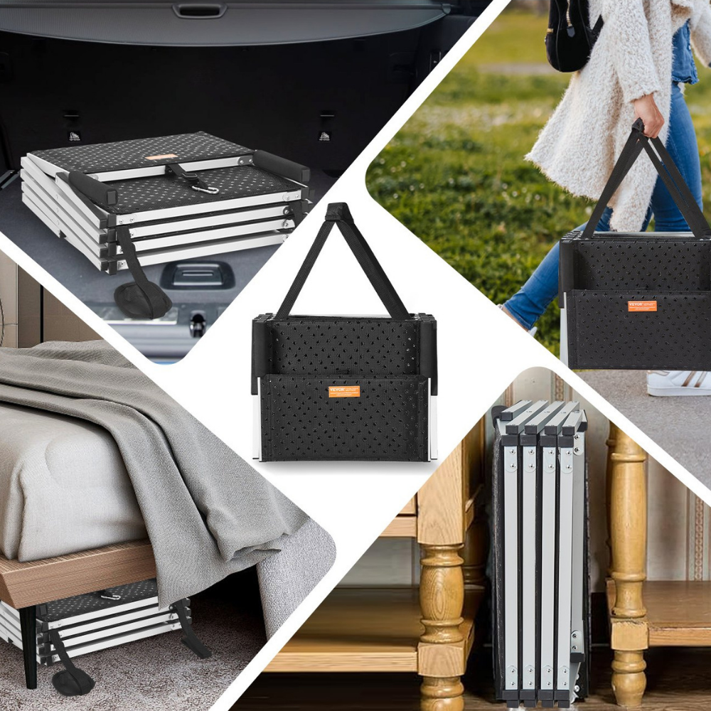 Collage of a black pet ramp folded and how convenient it can be stored and carried anywhere