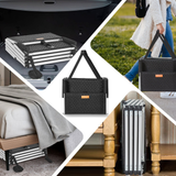 Collage of a black pet ramp folded and how convenient it can be stored and carried anywhere