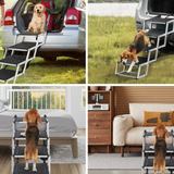 Collage of a dog using a set of stairs in various settings including a car, grass, deck, and living room.