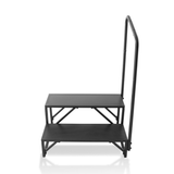 Black metal step stool with a handrail on a white background
