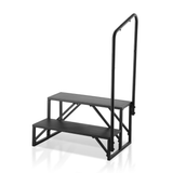 Black step ladder with a handrail on a white background