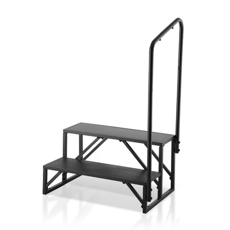 Black step ladder with a handrail on a white background