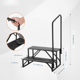 Black step ladder with handrail on a white background, showing dimensions and usage examples.