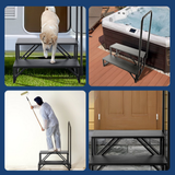 Collage of a step ladder being used in various settings including a dog, hot tub, golf course, and garage.