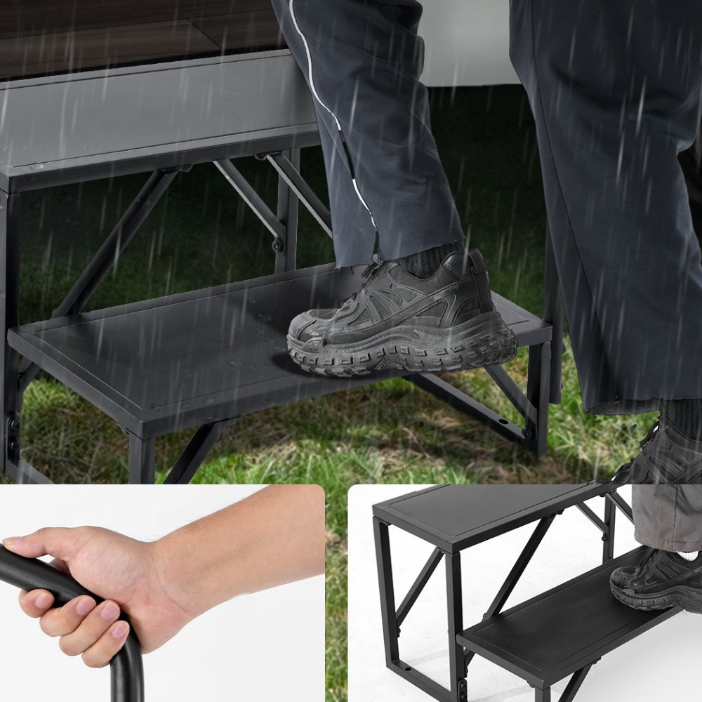 Person using a folding step stool in the rain, with close-up of hand holding handle.