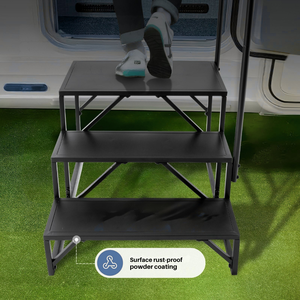 Step stool with three levels on a grassy surface, likely used for accessing a vehicle.