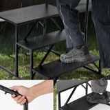 Step ladder being used outdoors with a close-up of a hand holding the handle.