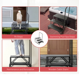 Collage of step products for RV, swimming pool, maintenance, and wooden cabin use.