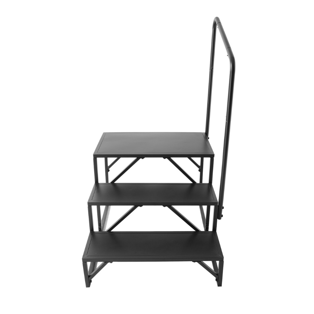 Black metal step ladder on a white background