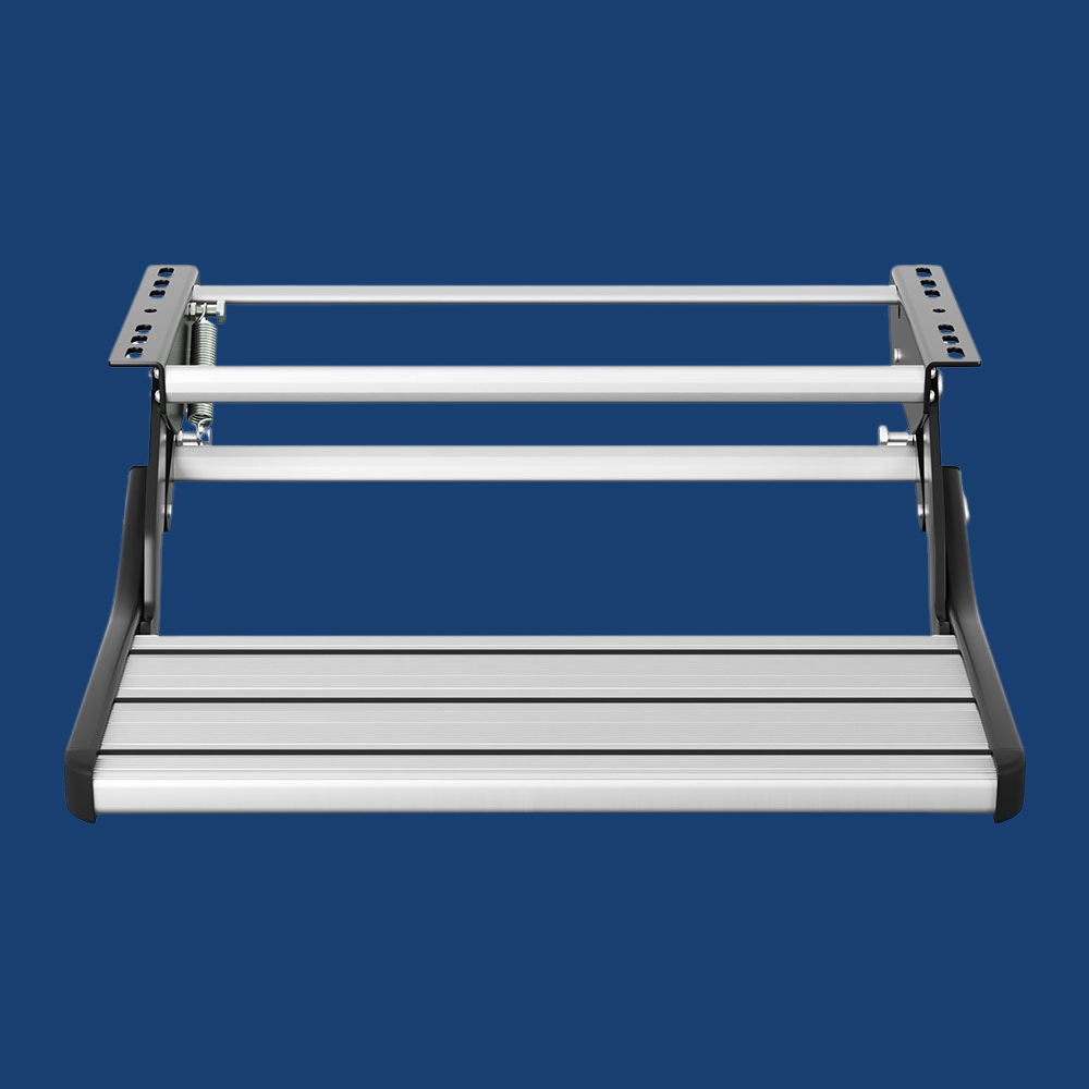 Metal platform with adjustable legs on a blue background