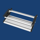 Metal shelf with rollers on a blue background