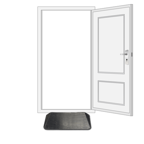 A black solid rubber wheelchair threshold door ramp with winged edges is placed on a doorway
